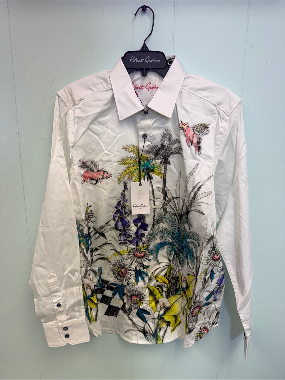 Robert Graham limited edition when pigs fly Multicolor Tropical embroidered top